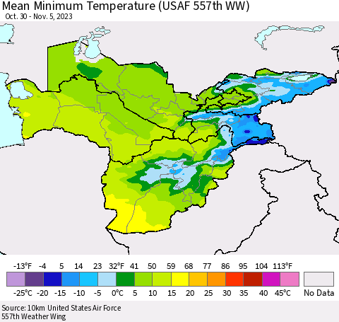 Central Asia Mean Minimum Temperature (USAF 557th WW) Thematic Map For 10/30/2023 - 11/5/2023