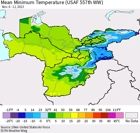 Central Asia Mean Minimum Temperature (USAF 557th WW) Thematic Map For 11/6/2023 - 11/12/2023