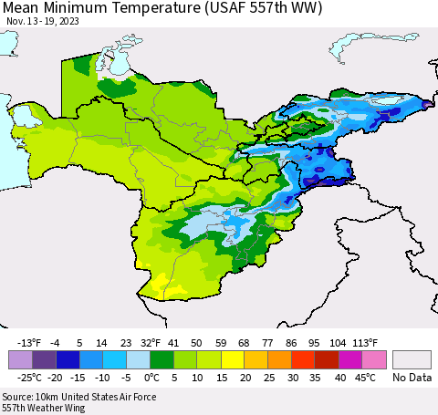 Central Asia Mean Minimum Temperature (USAF 557th WW) Thematic Map For 11/13/2023 - 11/19/2023