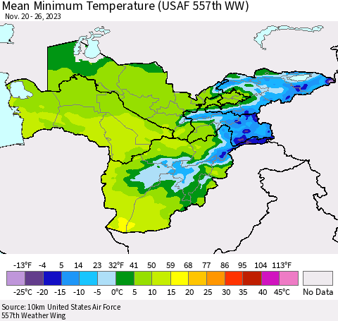 Central Asia Mean Minimum Temperature (USAF 557th WW) Thematic Map For 11/20/2023 - 11/26/2023