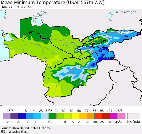 Central Asia Mean Minimum Temperature (USAF 557th WW) Thematic Map For 11/27/2023 - 12/3/2023
