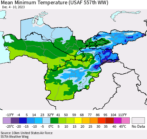 Central Asia Mean Minimum Temperature (USAF 557th WW) Thematic Map For 12/4/2023 - 12/10/2023