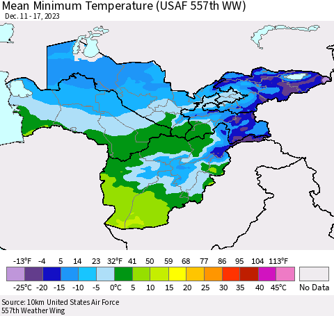 Central Asia Mean Minimum Temperature (USAF 557th WW) Thematic Map For 12/11/2023 - 12/17/2023