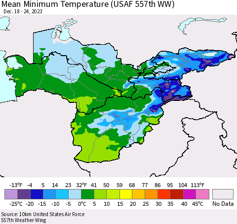 Central Asia Mean Minimum Temperature (USAF 557th WW) Thematic Map For 12/18/2023 - 12/24/2023