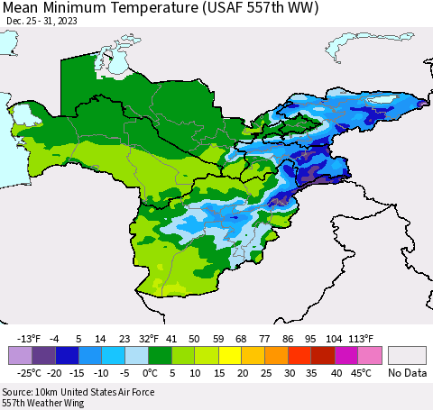 Central Asia Mean Minimum Temperature (USAF 557th WW) Thematic Map For 12/25/2023 - 12/31/2023