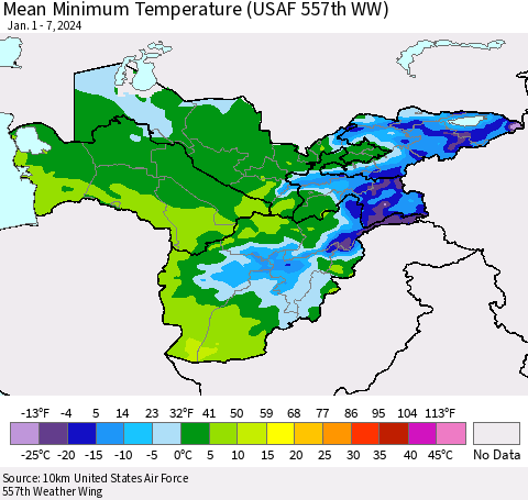 Central Asia Mean Minimum Temperature (USAF 557th WW) Thematic Map For 1/1/2024 - 1/7/2024