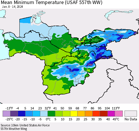 Central Asia Mean Minimum Temperature (USAF 557th WW) Thematic Map For 1/8/2024 - 1/14/2024