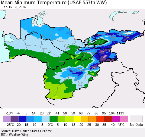 Central Asia Mean Minimum Temperature (USAF 557th WW) Thematic Map For 1/15/2024 - 1/21/2024