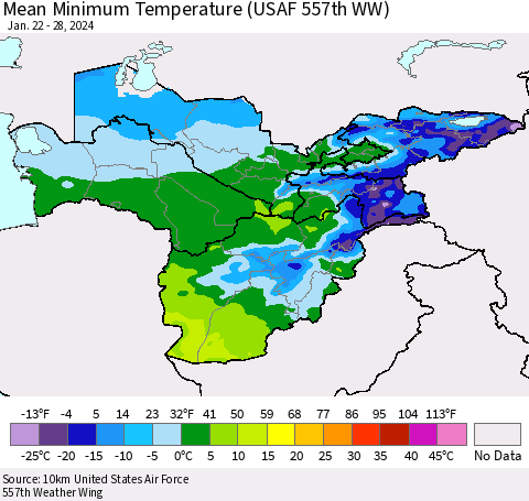 Central Asia Mean Minimum Temperature (USAF 557th WW) Thematic Map For 1/22/2024 - 1/28/2024