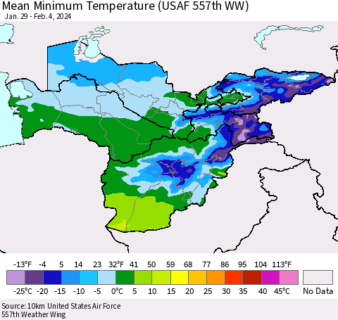 Central Asia Mean Minimum Temperature (USAF 557th WW) Thematic Map For 1/29/2024 - 2/4/2024