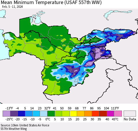 Central Asia Mean Minimum Temperature (USAF 557th WW) Thematic Map For 2/5/2024 - 2/11/2024
