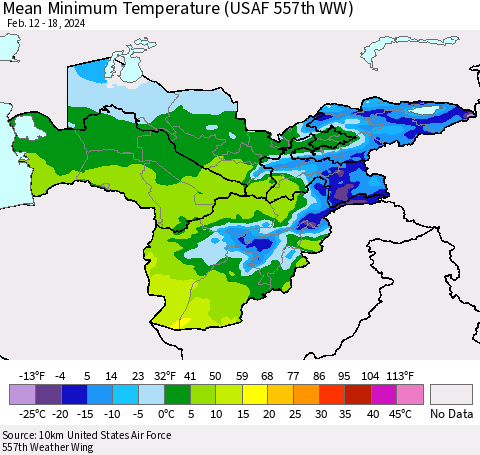 Central Asia Mean Minimum Temperature (USAF 557th WW) Thematic Map For 2/12/2024 - 2/18/2024