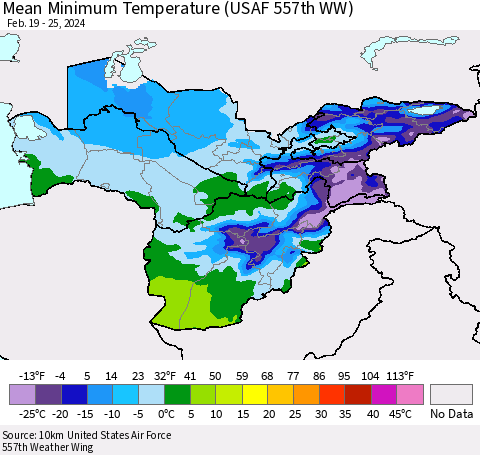 Central Asia Mean Minimum Temperature (USAF 557th WW) Thematic Map For 2/19/2024 - 2/25/2024