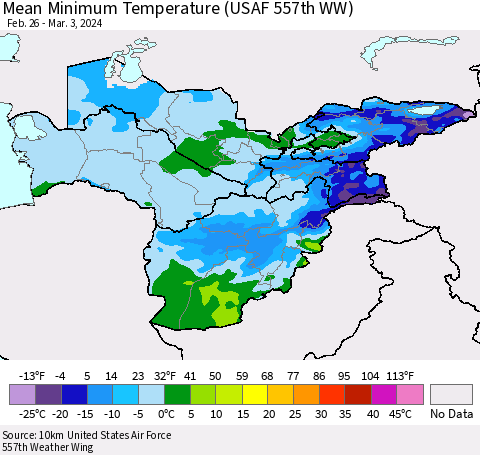 Central Asia Mean Minimum Temperature (USAF 557th WW) Thematic Map For 2/26/2024 - 3/3/2024