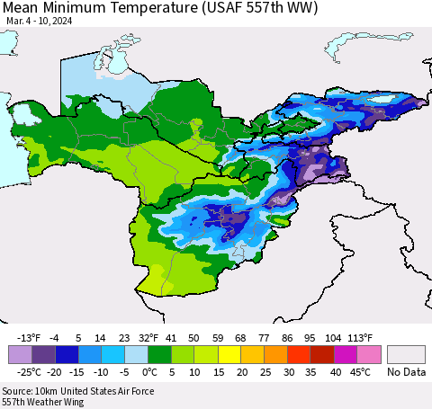 Central Asia Mean Minimum Temperature (USAF 557th WW) Thematic Map For 3/4/2024 - 3/10/2024