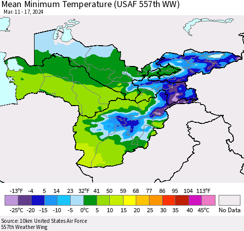Central Asia Mean Minimum Temperature (USAF 557th WW) Thematic Map For 3/11/2024 - 3/17/2024
