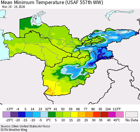 Central Asia Mean Minimum Temperature (USAF 557th WW) Thematic Map For 3/18/2024 - 3/24/2024