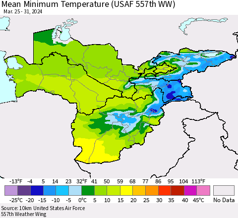 Central Asia Mean Minimum Temperature (USAF 557th WW) Thematic Map For 3/25/2024 - 3/31/2024