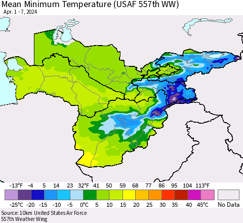 Central Asia Mean Minimum Temperature (USAF 557th WW) Thematic Map For 4/1/2024 - 4/7/2024