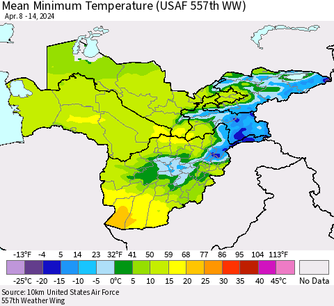 Central Asia Mean Minimum Temperature (USAF 557th WW) Thematic Map For 4/8/2024 - 4/14/2024