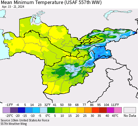 Central Asia Mean Minimum Temperature (USAF 557th WW) Thematic Map For 4/15/2024 - 4/21/2024