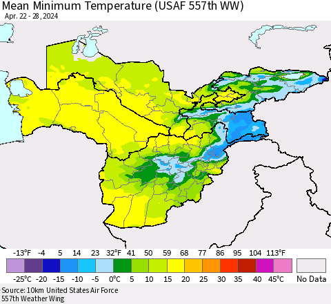 Central Asia Mean Minimum Temperature (USAF 557th WW) Thematic Map For 4/22/2024 - 4/28/2024