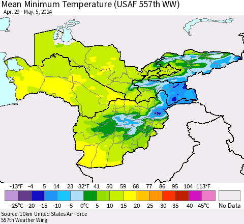 Central Asia Mean Minimum Temperature (USAF 557th WW) Thematic Map For 4/29/2024 - 5/5/2024