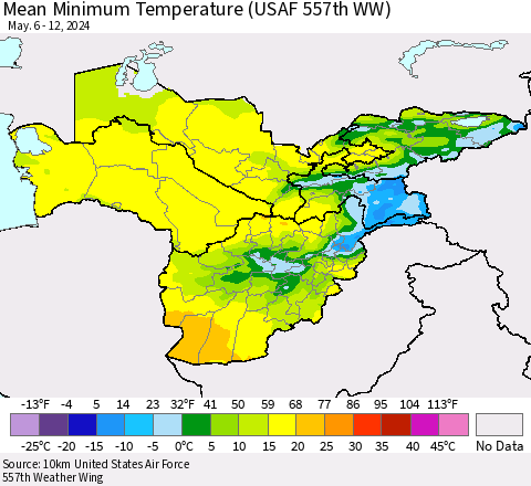 Central Asia Mean Minimum Temperature (USAF 557th WW) Thematic Map For 5/6/2024 - 5/12/2024