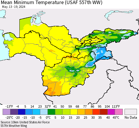 Central Asia Mean Minimum Temperature (USAF 557th WW) Thematic Map For 5/13/2024 - 5/19/2024