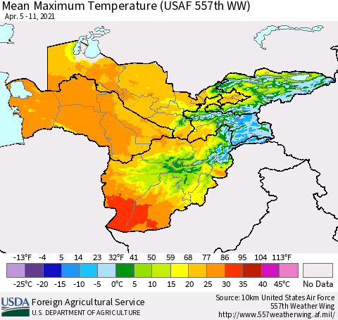 Central Asia Mean Maximum Temperature (USAF 557th WW) Thematic Map For 4/5/2021 - 4/11/2021