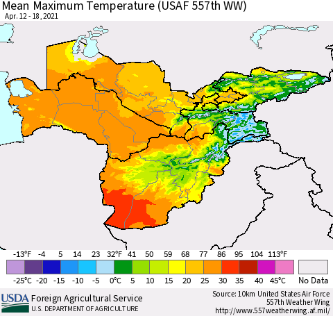 Central Asia Mean Maximum Temperature (USAF 557th WW) Thematic Map For 4/12/2021 - 4/18/2021