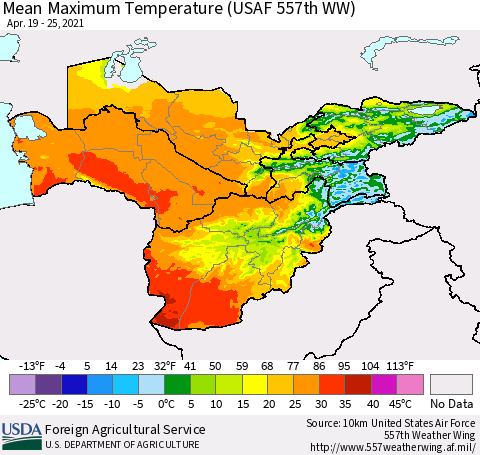 Central Asia Mean Maximum Temperature (USAF 557th WW) Thematic Map For 4/19/2021 - 4/25/2021