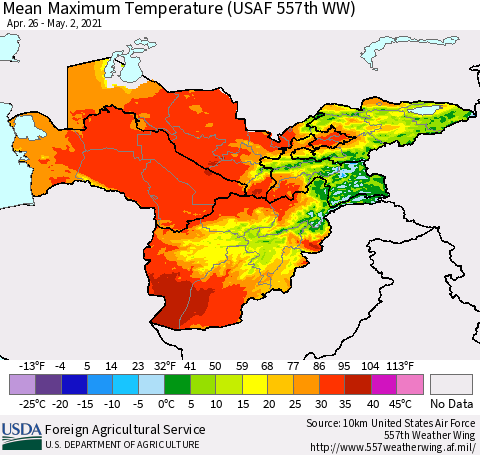 Central Asia Mean Maximum Temperature (USAF 557th WW) Thematic Map For 4/26/2021 - 5/2/2021