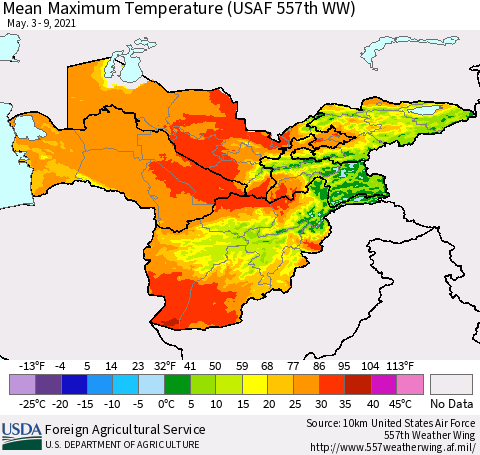 Central Asia Mean Maximum Temperature (USAF 557th WW) Thematic Map For 5/3/2021 - 5/9/2021