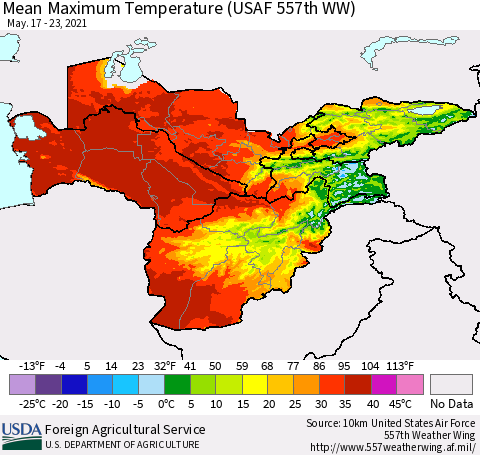 Central Asia Mean Maximum Temperature (USAF 557th WW) Thematic Map For 5/17/2021 - 5/23/2021