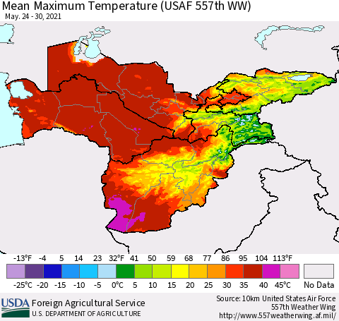 Central Asia Mean Maximum Temperature (USAF 557th WW) Thematic Map For 5/24/2021 - 5/30/2021