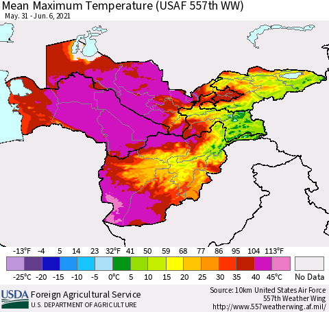 Central Asia Mean Maximum Temperature (USAF 557th WW) Thematic Map For 5/31/2021 - 6/6/2021