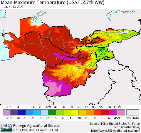 Central Asia Mean Maximum Temperature (USAF 557th WW) Thematic Map For 6/7/2021 - 6/13/2021
