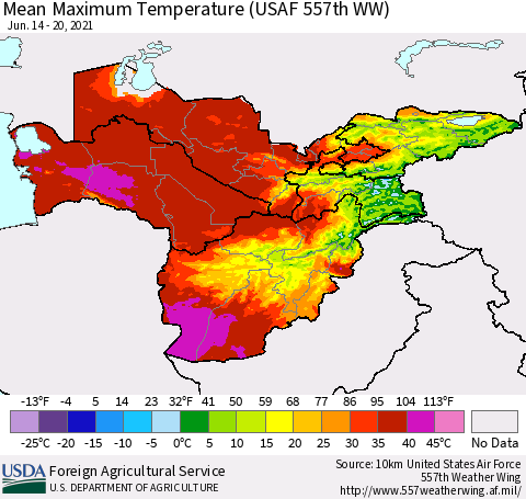 Central Asia Mean Maximum Temperature (USAF 557th WW) Thematic Map For 6/14/2021 - 6/20/2021