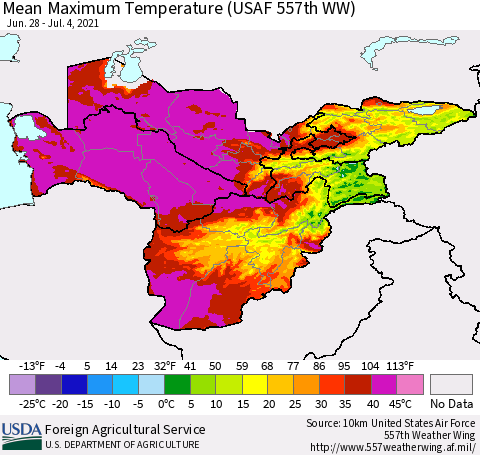 Central Asia Mean Maximum Temperature (USAF 557th WW) Thematic Map For 6/28/2021 - 7/4/2021