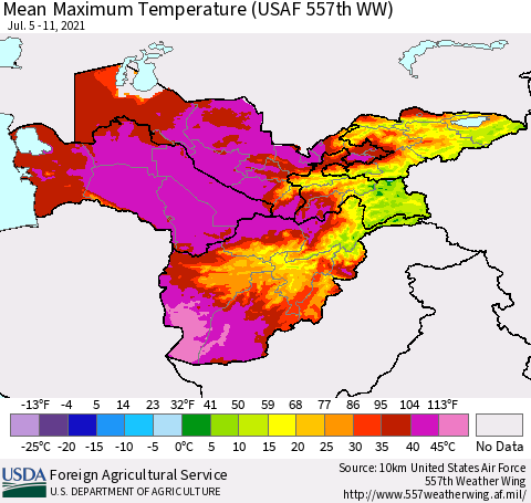 Central Asia Mean Maximum Temperature (USAF 557th WW) Thematic Map For 7/5/2021 - 7/11/2021