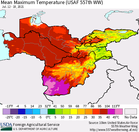 Central Asia Mean Maximum Temperature (USAF 557th WW) Thematic Map For 7/12/2021 - 7/18/2021