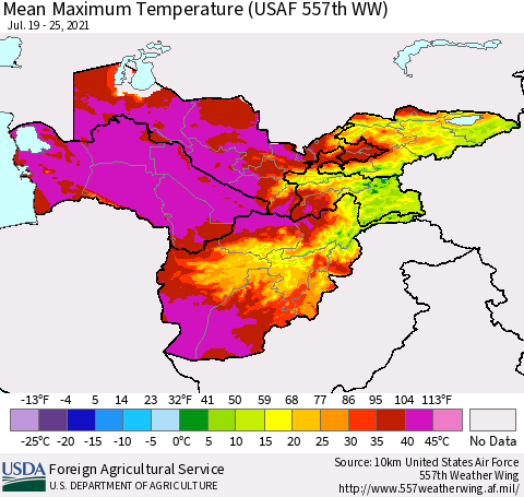 Central Asia Mean Maximum Temperature (USAF 557th WW) Thematic Map For 7/19/2021 - 7/25/2021