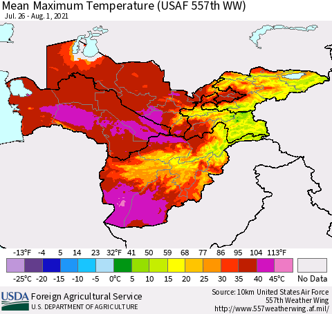 Central Asia Mean Maximum Temperature (USAF 557th WW) Thematic Map For 7/26/2021 - 8/1/2021