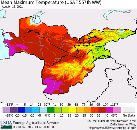 Central Asia Mean Maximum Temperature (USAF 557th WW) Thematic Map For 8/9/2021 - 8/15/2021