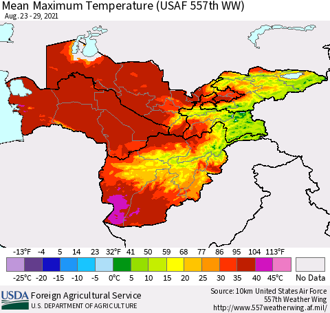 Central Asia Mean Maximum Temperature (USAF 557th WW) Thematic Map For 8/23/2021 - 8/29/2021