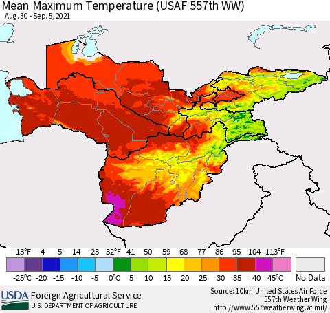 Central Asia Mean Maximum Temperature (USAF 557th WW) Thematic Map For 8/30/2021 - 9/5/2021