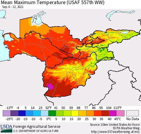 Central Asia Mean Maximum Temperature (USAF 557th WW) Thematic Map For 9/6/2021 - 9/12/2021