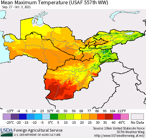 Central Asia Mean Maximum Temperature (USAF 557th WW) Thematic Map For 9/27/2021 - 10/3/2021