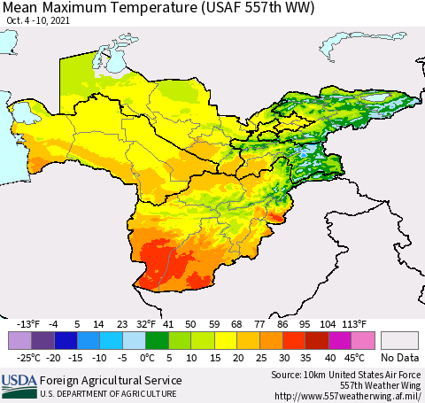 Central Asia Mean Maximum Temperature (USAF 557th WW) Thematic Map For 10/4/2021 - 10/10/2021
